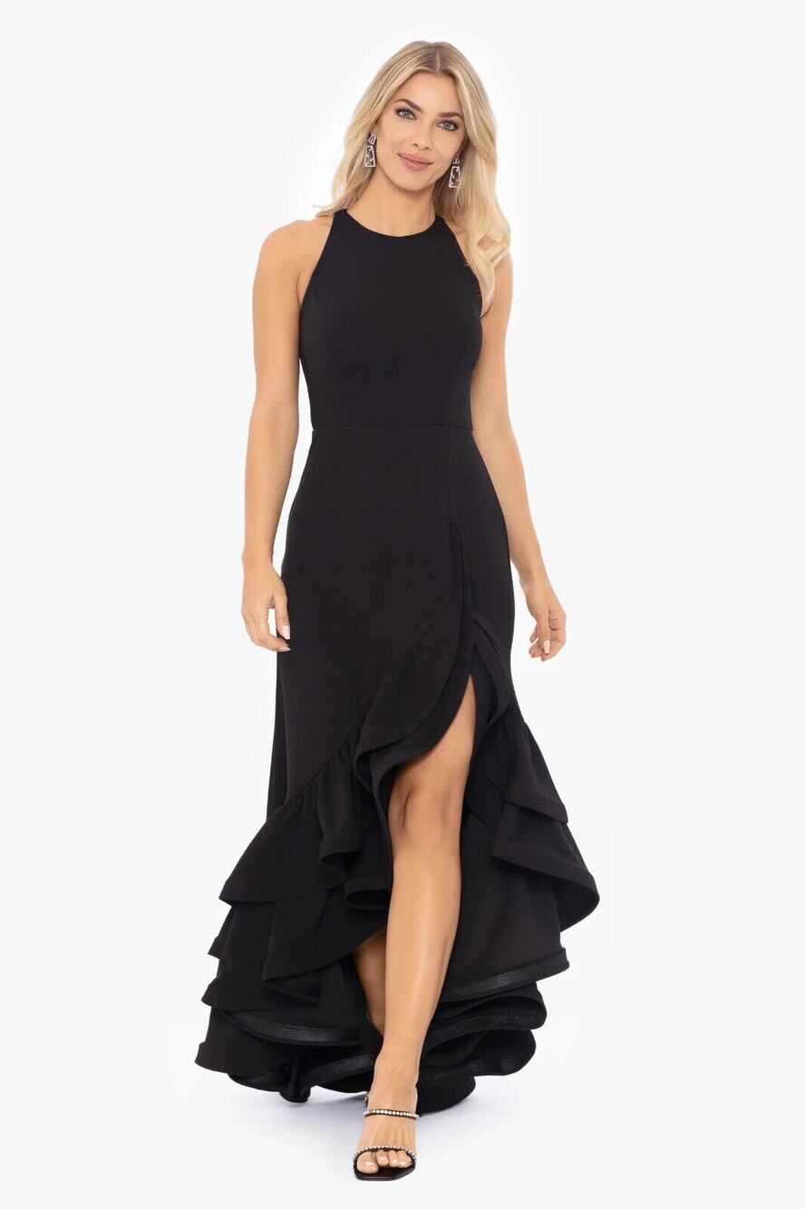 NWT Betsy & Adam Scuba Crepe Ruffle Slit Bottom Gown Womens Black Size 6P